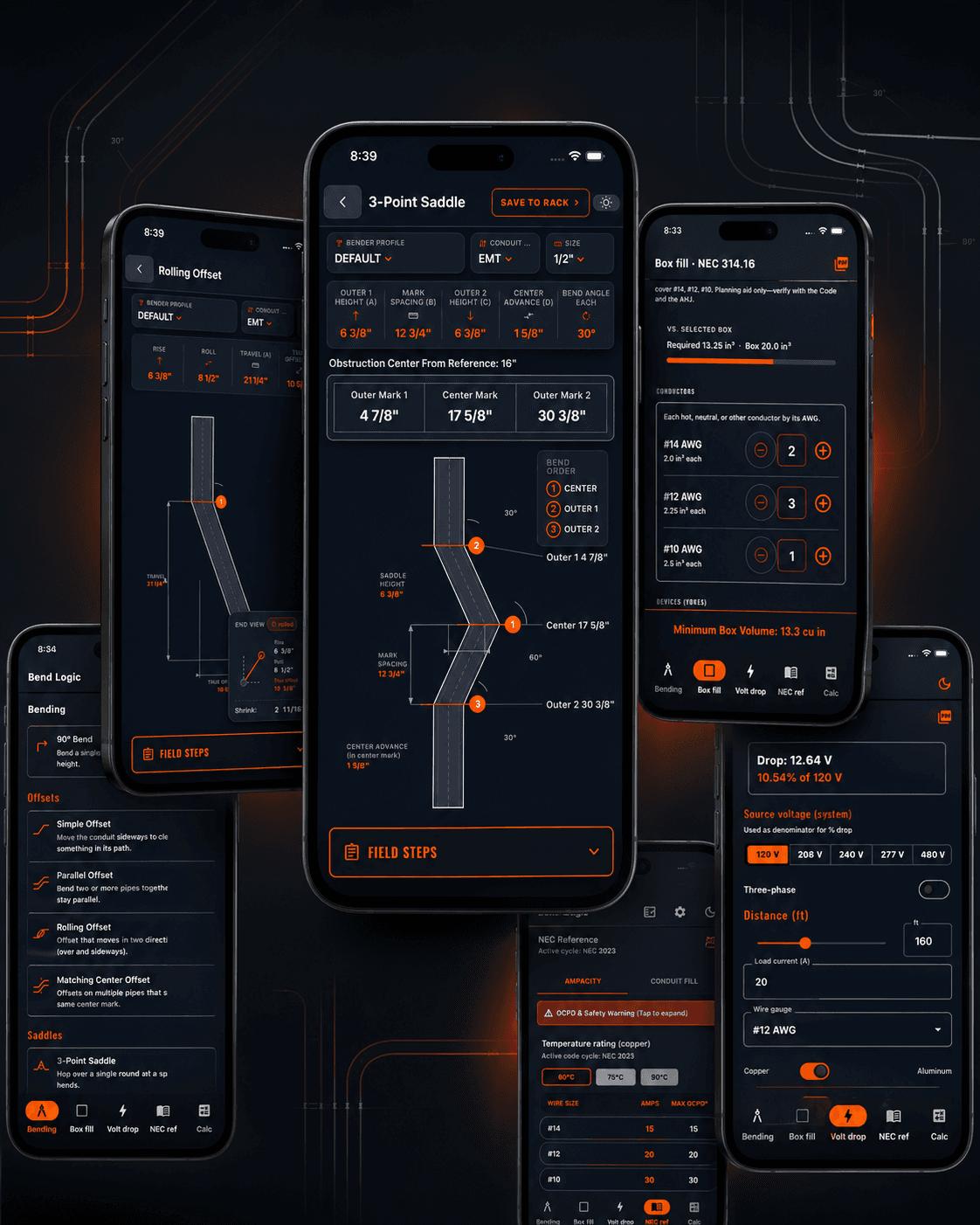 Six real BendLogic app screens showing bending layouts, box fill, voltage drop, and electrical reference tools