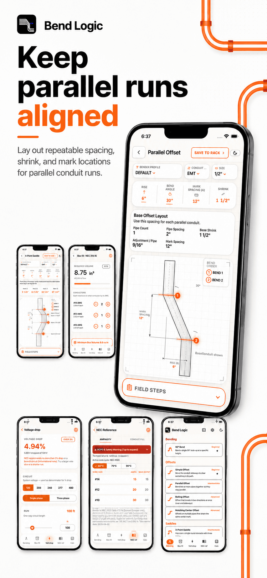 BendLogic app screens showing parallel offset layout, saddles, box fill, voltage drop, and NEC reference tools